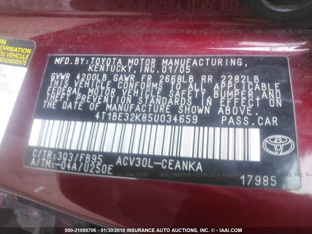 4T1BE32K85U034659 - 2005 TOYOTA CAMRY LE/XLE/SE RED photo 9