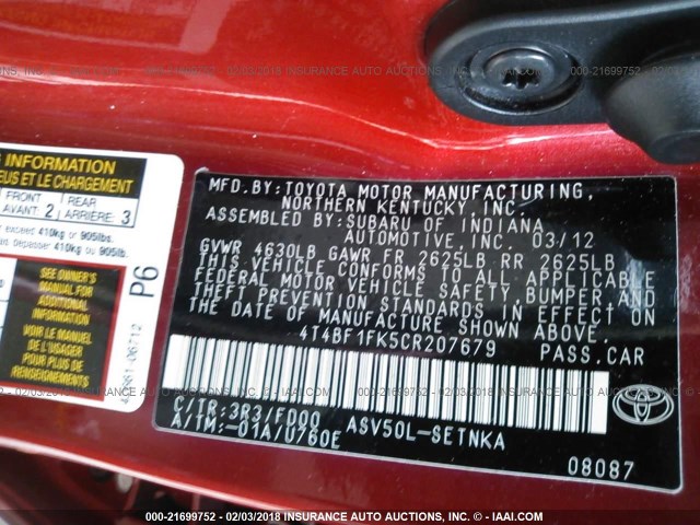 4T4BF1FK5CR207679 - 2012 TOYOTA CAMRY SE/LE/XLE 红色 照片 9