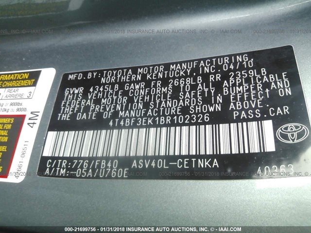 4T4BF3EK1BR102326 - 2011 TOYOTA CAMRY SE/LE/XLE GREEN photo 9