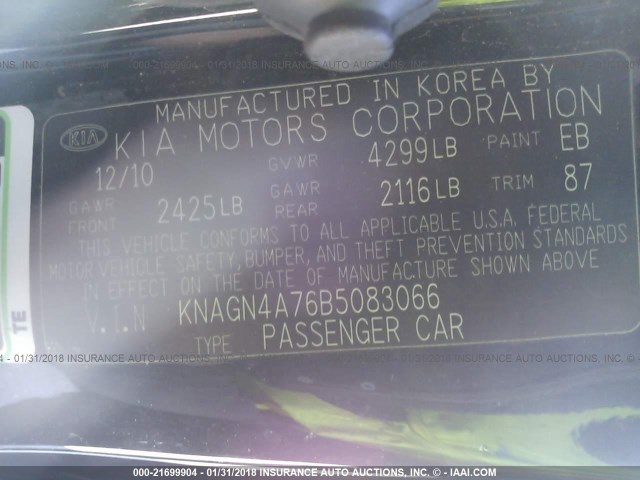 KNAGN4A76B5083066 - 2011 KIA OPTIMA EX/SX BLACK photo 9