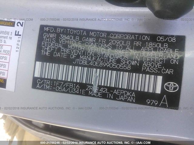 JTDBL40E899050558 - 2009 TOYOTA COROLLA LE/XLE SILVER photo 9