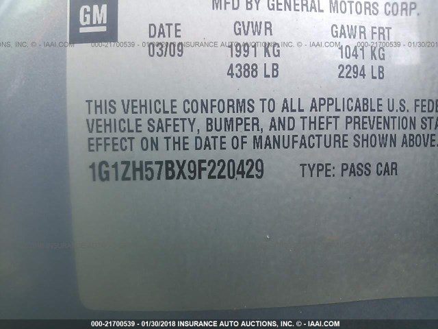 1G1ZH57BX9F220429 - 2009 CHEVROLET MALIBU 1LT 银色 照片 9