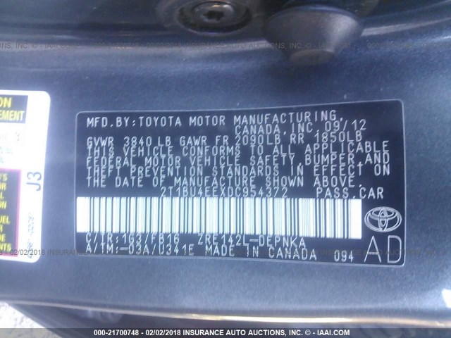 2T1BU4EEXDC954372 - 2013 TOYOTA COROLLA S/LE GRAY photo 9