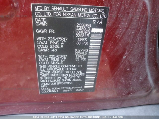 KNMAT2MT3FP522858 - 2015 NISSAN ROGUE S/SL/SV RED photo 9
