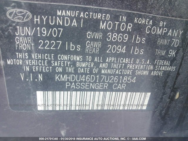 KMHDU46D17U261854 - 2007 HYUNDAI ELANTRA GLS/SE/LIMITED PURPLE photo 9