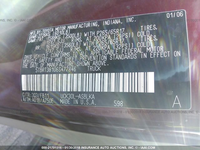 5TBRT38106S477846 - 2006 TOYOTA TUNDRA ACCESS CAB LIMITED MAROON photo 9