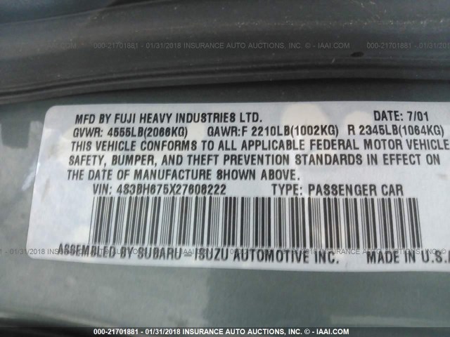 4S3BH675X27608222 - 2002 SUBARU LEGACY OUTBACK AWP 灰色 照片 9