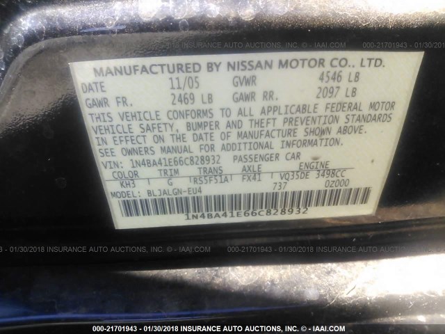 1N4BA41E66C828932 - 2006 NISSAN MAXIMA SE/SL BLACK photo 9