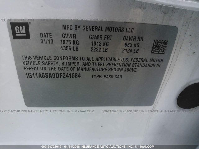 1G11A5SA9DF241684 - 2013 CHEVROLET MALIBU LS Ağ foto 9