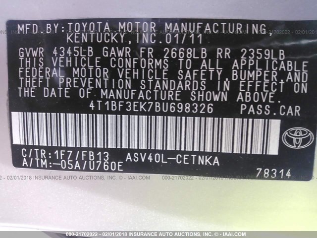 4T1BF3EK7BU698326 - 2011 TOYOTA CAMRY SE/LE/XLE SILVER photo 9