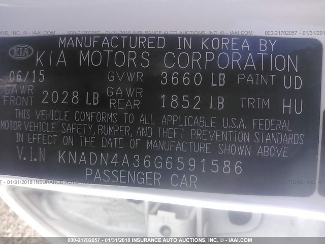 KNADN4A36G6591586 - 2016 KIA RIO EX/SX WHITE photo 9