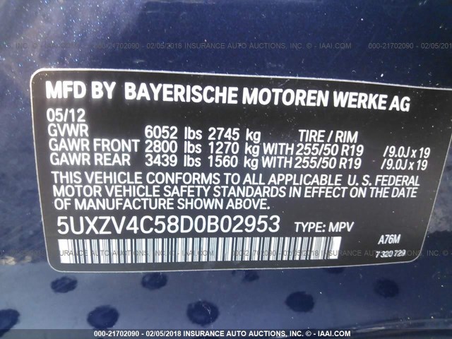 5UXZV4C58D0B02953 - 2013 BMW X5 XDRIVE35I BLUE photo 9