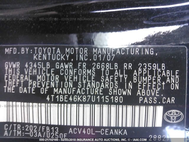 4T1BE46K87U115180 - 2007 TOYOTA CAMRY NEW GENERAT CE/LE/XLE/SE BLACK photo 9