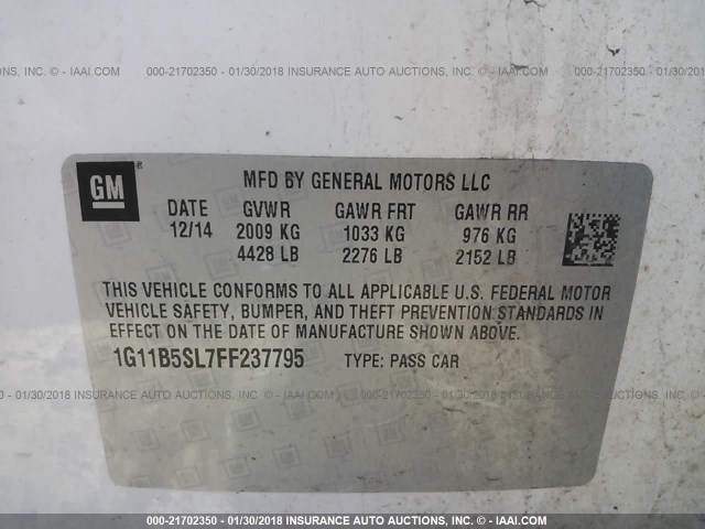 1G11B5SL7FF237795 - 2015 CHEVROLET MALIBU LS თეთრი ფოტო 9