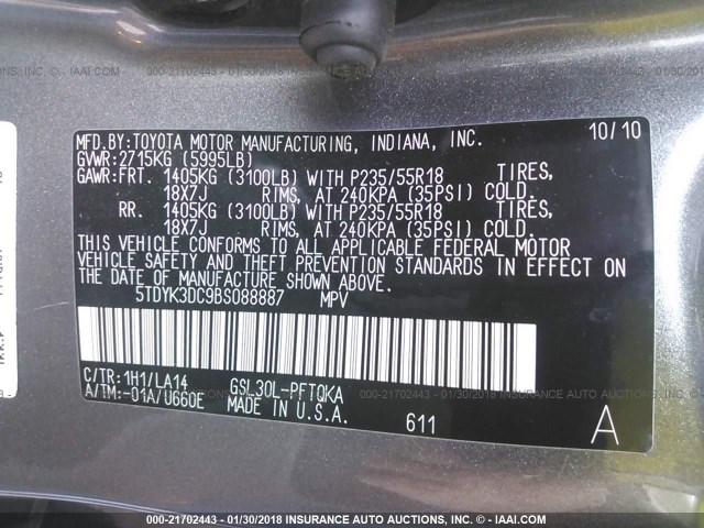 5TDYK3DC9BS088887 - 2011 TOYOTA SIENNA XLE/LIMITED GRAY photo 9