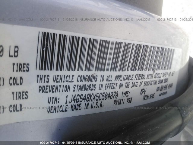 1J4GS48KX5C504870 - 2005 JEEP GRAND CHEROKEE LAREDO/COLUMBIA/FREEDOM 银色 照片 9