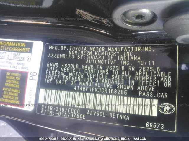 4T4BF1FK3CR168266 - 2012 TOYOTA CAMRY SE/LE/XLE BLACK photo 9