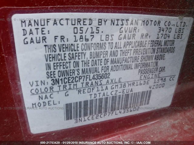 3N1CE2CP7FL435602 - 2015 NISSAN VERSA NOTE S/S PLUS/SV/SL/SR RED photo 9