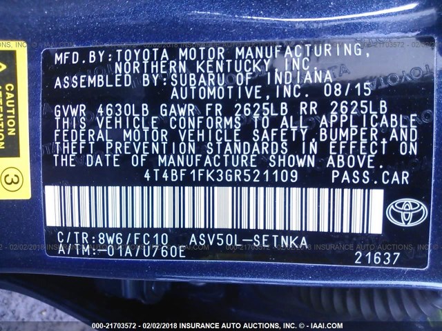 4T4BF1FK3GR521109 - 2016 TOYOTA CAMRY LE/XLE/SE/XSE BLUE photo 9