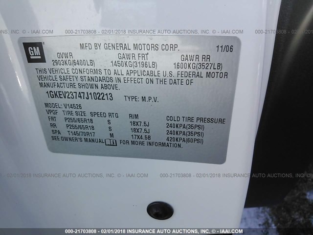 1GKEV23747J102213 - 2007 GMC ACADIA SLT-1 Blanco foto 9