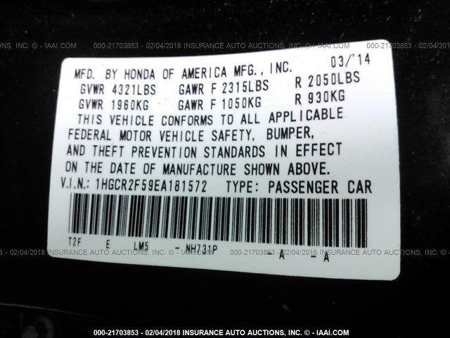 1HGCR2F59EA181572 - 2014 HONDA ACCORD SPORT Czarny zdjęcie 9