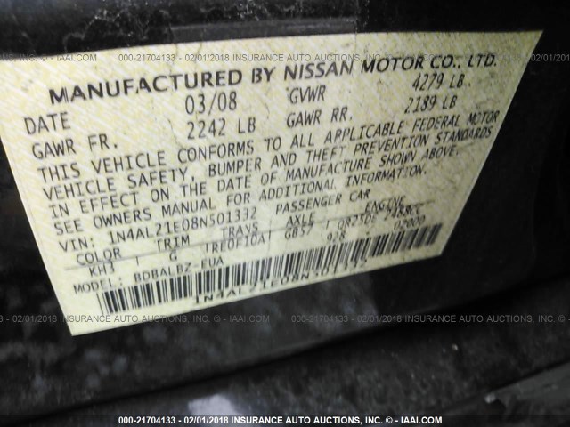 1N4AL21E08N501332 - 2008 NISSAN ALTIMA 2.5/2.5S BLACK photo 9