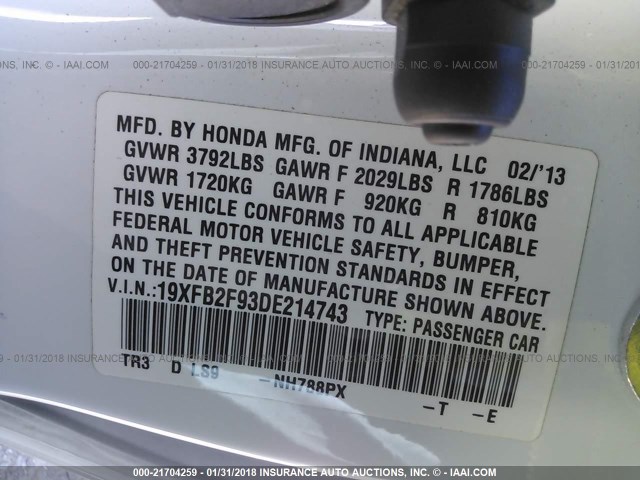 19XFB2F93DE214743 - 2013 HONDA CIVIC EXL WHITE photo 9