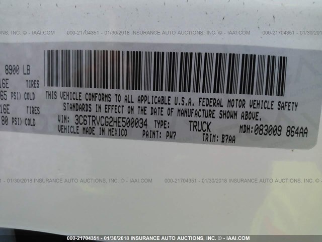 3C6TRVCG2HE500034 - 2017 RAM PROMASTER 2500 2500 HIGH WHITE photo 9