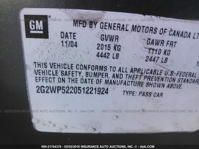 2G2WP522051221924 - 2005 PONTIAC GRAND PRIX BLUE photo 9