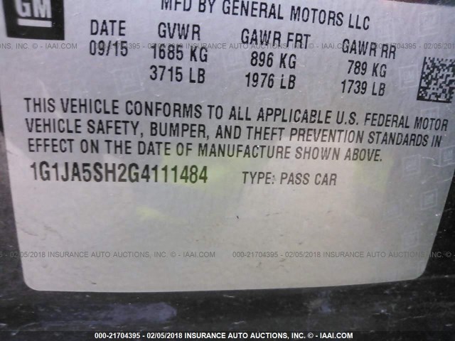 1G1JA5SH2G4111484 - 2016 CHEVROLET SONIC LS GRAY photo 9