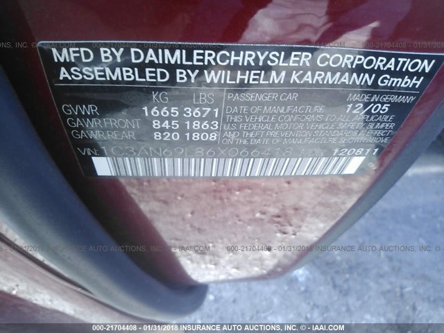 1C3AN69L86X066418 - 2006 CHRYSLER CROSSFIRE LIMITED MAROON photo 9