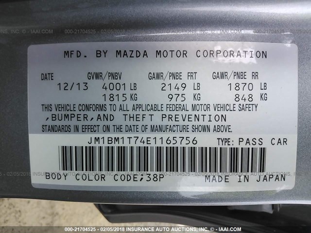 JM1BM1T74E1165756 - 2014 MAZDA 3 SV GRAY photo 9