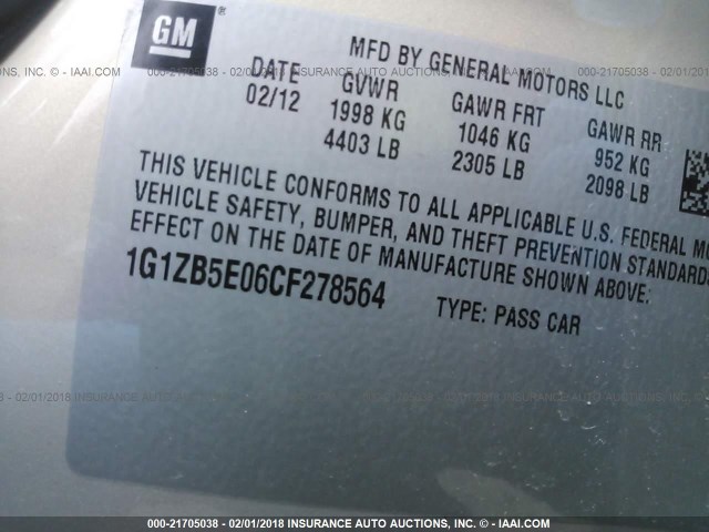 1G1ZB5E06CF278564 - 2012 CHEVROLET MALIBU LS 金色 照片 9