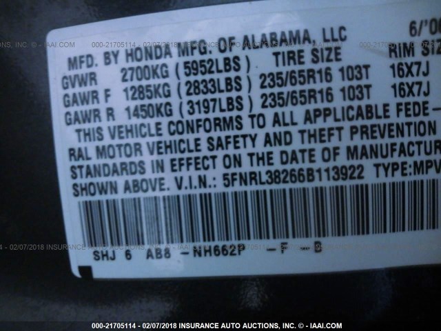 5FNRL38266B113922 - 2006 HONDA ODYSSEY LX GRAY photo 9