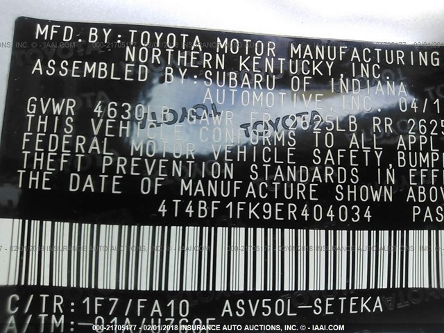 4T4BF1FK9ER404034 - 2014 TOYOTA CAMRY L/SE/LE/XLE SILVER photo 9
