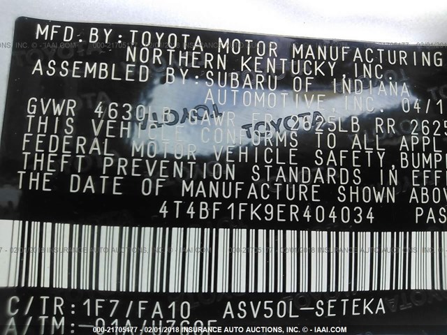4T4BF1FK9ER404034 - 2014 TOYOTA CAMRY L/SE/LE/XLE 银色 照片 9