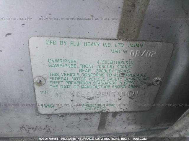 JF1SG65693H730974 - 2003 SUBARU FORESTER 2.5XS Argent photo 9