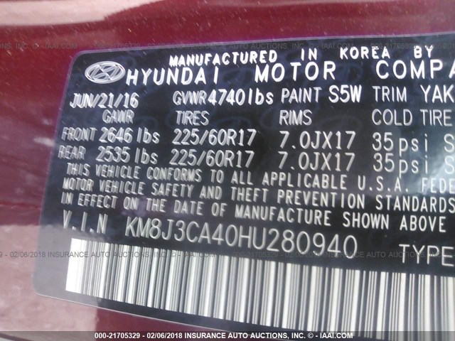 KM8J3CA40HU280940 - 2017 HYUNDAI TUCSON LIMITED/SPORT AND ECO/SE MAROON photo 9