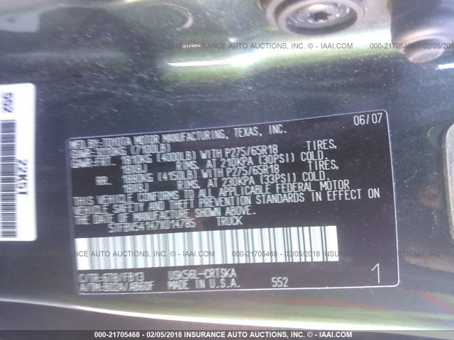 5TFBV54147X014785 - 2007 TOYOTA TUNDRA DOUBLE CAB SR5 GREEN photo 9