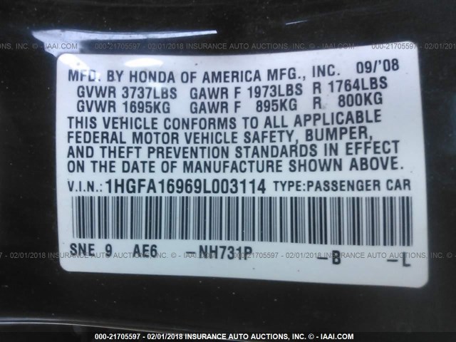 1HGFA16969L003114 - 2009 HONDA CIVIC EXL BLACK photo 9