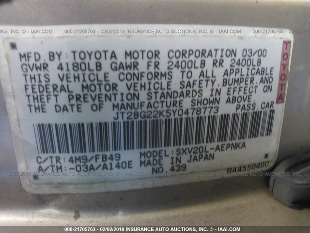 JT2BG22K5Y0478773 - 2000 TOYOTA CAMRY CE/LE/XLE 金色 照片 9