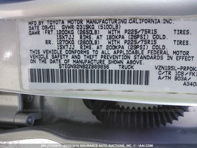5TEGN92N82Z889856 - 2002 TOYOTA TACOMA DOUBLE CAB PRERUNNER GRAY photo 9