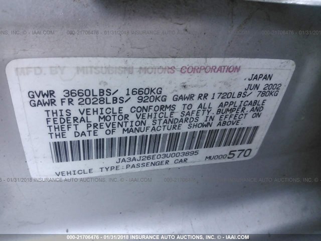 JA3AJ26E03U003895 - 2003 MITSUBISHI LANCER ES SILVER photo 9