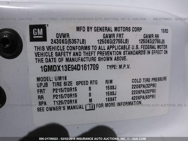 1GMDX13E94D161709 - 2004 PONTIAC MONTANA LUXURY WHITE photo 9