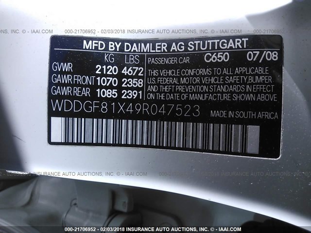 WDDGF81X49R047523 - 2009 MERCEDES-BENZ C 300 4MATIC WHITE photo 9