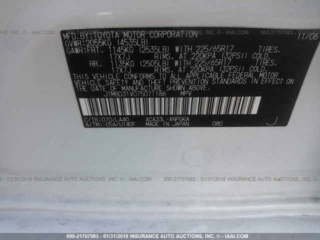 JTMBD31V075071186 - 2007 TOYOTA RAV4 LIMITED WHITE photo 9