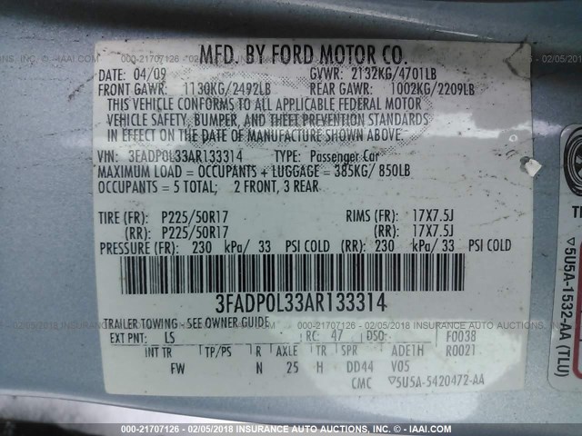 3FADP0L33AR133314 - 2010 FORD FUSION HYBRID BLUE photo 9