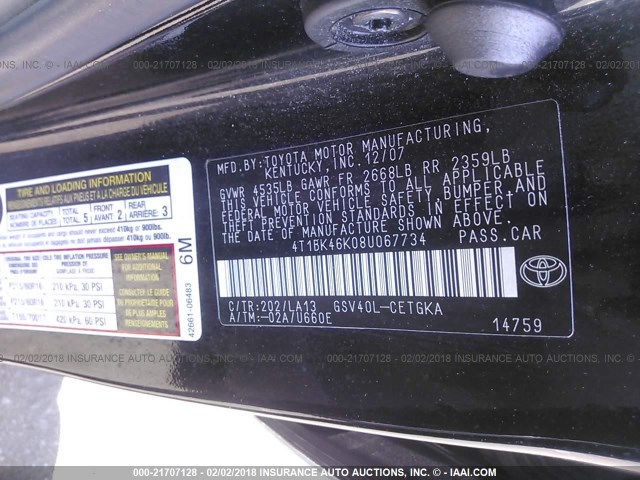 4T1BK46K08U067734 - 2008 TOYOTA CAMRY LE/XLE/SE შავი ფოტო 9