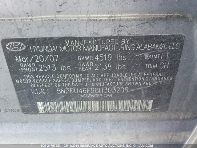 5NPEU46F98H303208 - 2008 HYUNDAI SONATA SE/LIMITED GRAY photo 9