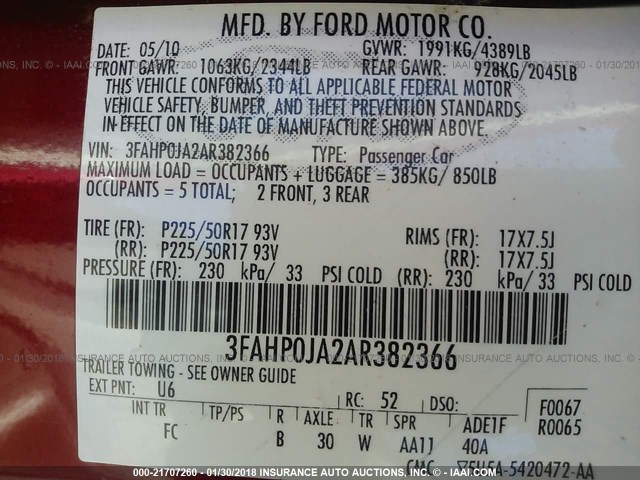 3FAHP0JA2AR382366 - 2010 FORD FUSION SEL RED photo 9